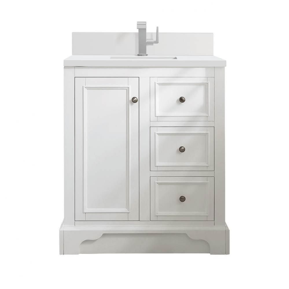 De Soto 30&apos;&apos; Single Vanity, Bright White w/ Single Hole 3 CM White Zeus Quartz Top &amp;