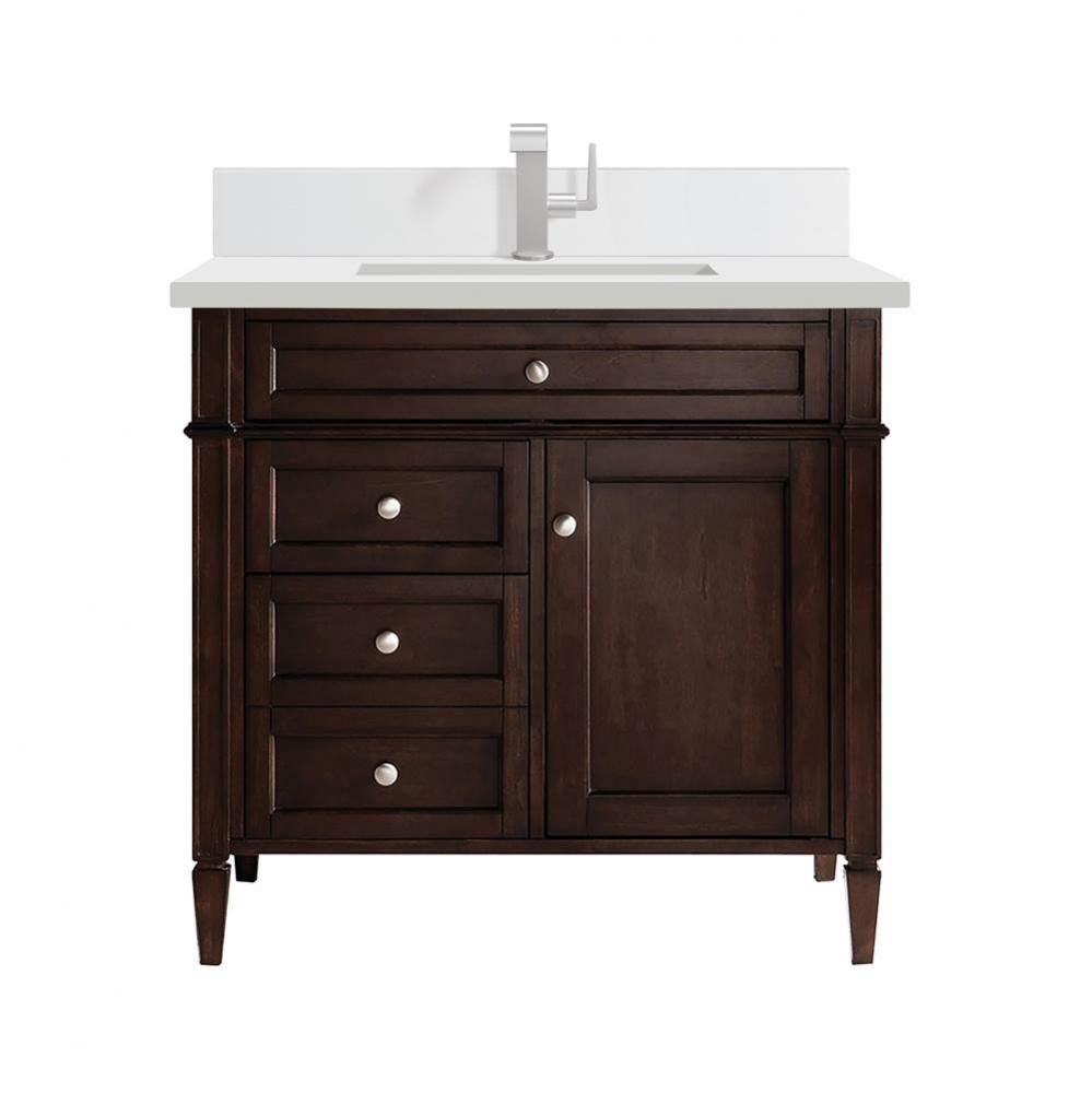 Brittany 36&apos;&apos; Single Vanity, Burnished Mahogany w/ Single Hole 3 CM White Zeus Quartz To