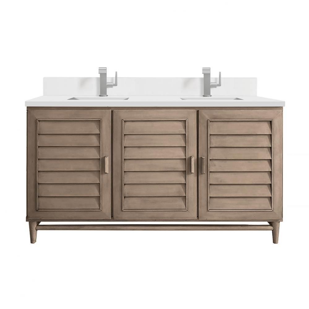 Portland 60&apos;&apos; Double Vanity Whitewashed Walnut w/ Single Hole 3 CM White Zeus Quartz Top