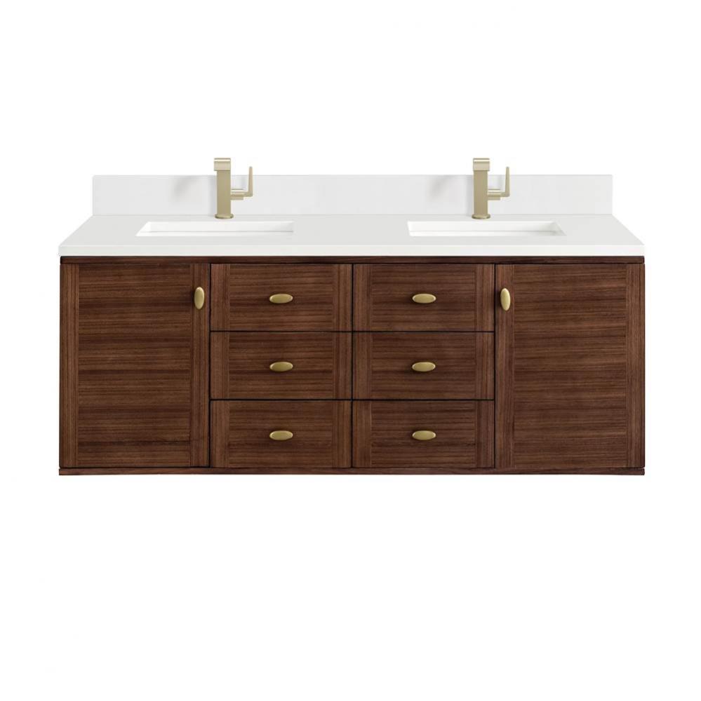 Amberly 60&apos;&apos; Double Vanity, Mid-Century Walnut w/ Single Hole 3 CM White Zeus Top &amp;