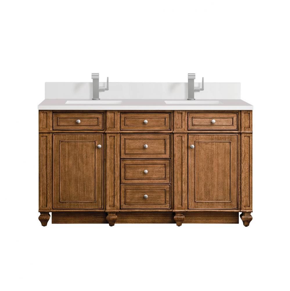 Bristol 60&apos;&apos; Double Vanity, Saddle Brown w/ Single Hole 3 CM White Zeus Quartz Top &amp;