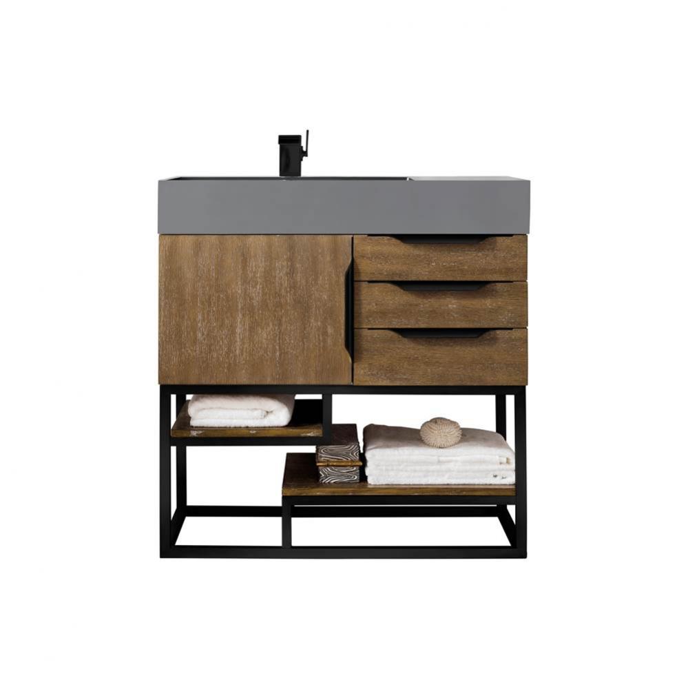 Columbia 36&apos;&apos; Single Vanity, Latte Oak, Matte Black w/ Dusk Grey Glossy Composite Top