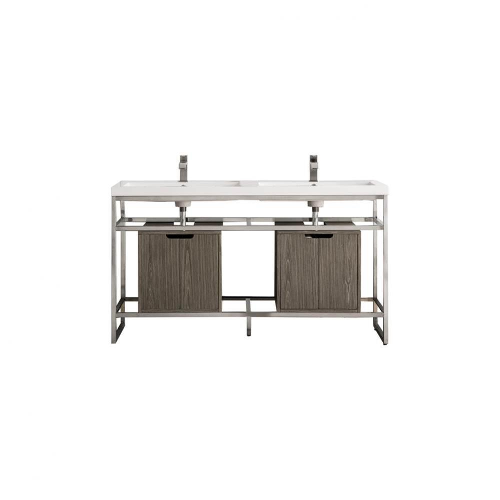 Boston 63&apos;&apos; Stainless Steel Sink Console (Double Basins), Brushed Nickel w/ Ash Gray Sto