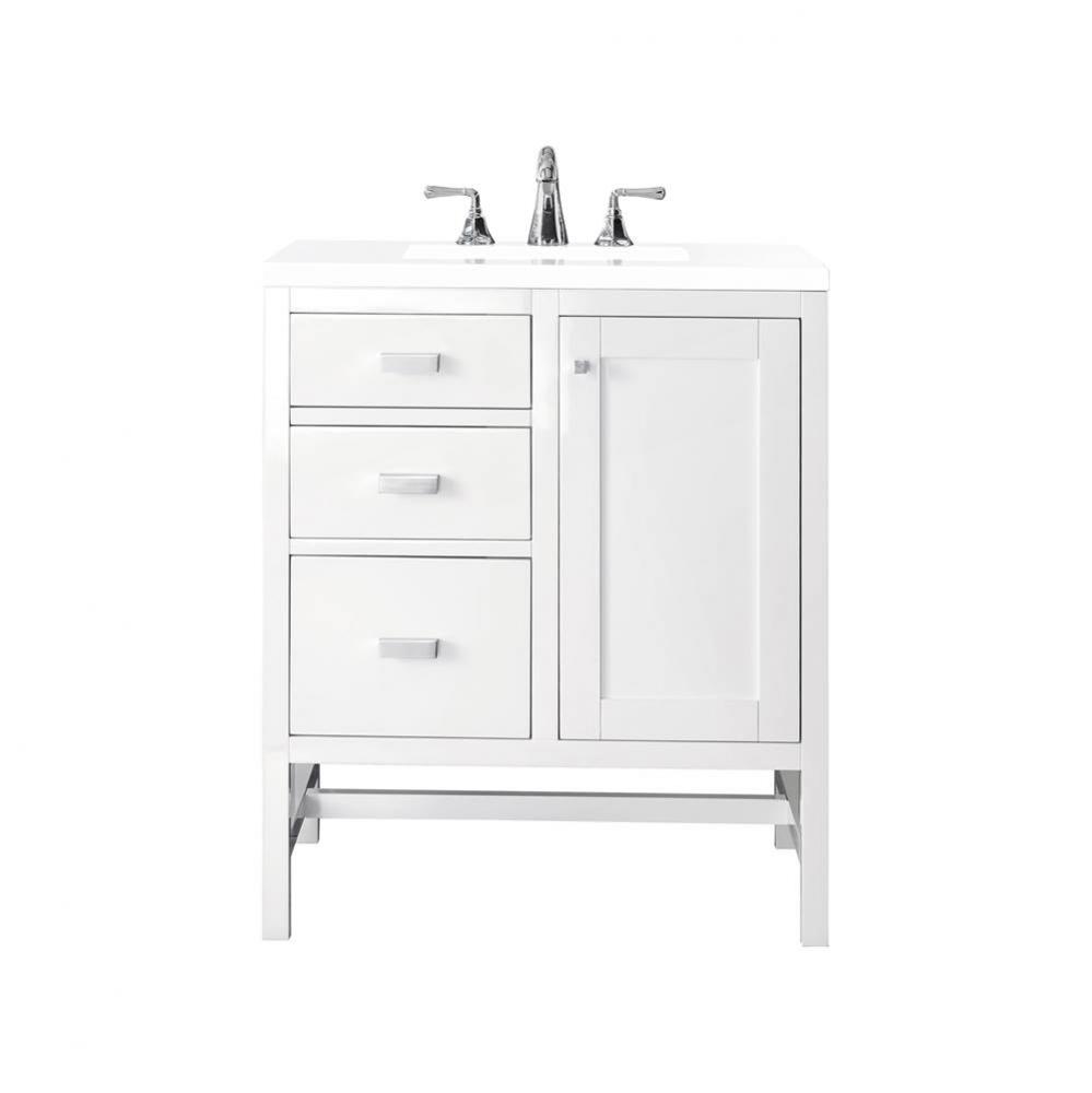 Addison 30&apos;&apos; Single Vanity Cabinet, Glossy White, w/ 3 CM Classic White Quartz Top