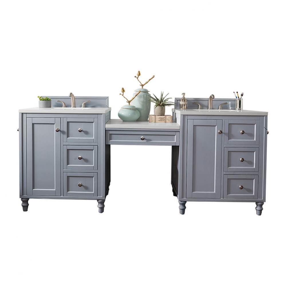 Copper Cove Encore 86&apos;&apos; Double Vanity Set, Silver Gray w/ Makeup Table, 3 CM Classic Whi