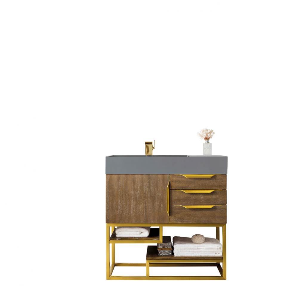 Columbia 36&apos;&apos; Single Vanity, Latte Oak, Radiant Gold w/ Dusk Grey Glossy Composite Top