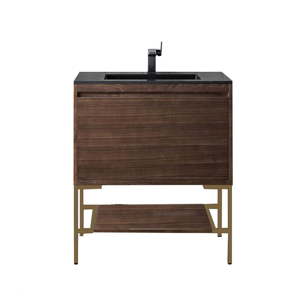 Milan 31.5&apos;&apos; Single Vanity Cabinet, Mid Century Walnut, Radiant Gold w/Charcoal Black Co