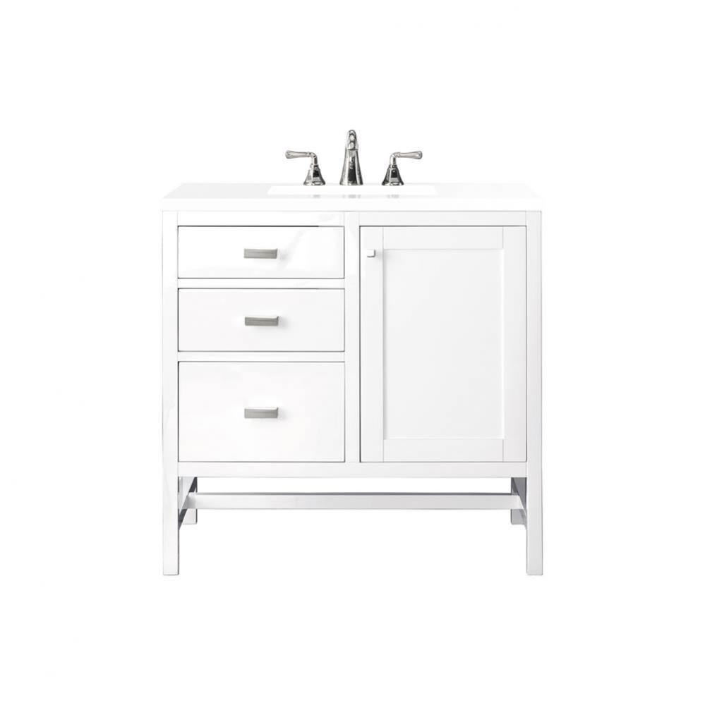 Addison 36&apos;&apos; Single Vanity Cabinet, Glossy White, w/ 3 CM Classic White Quartz Top