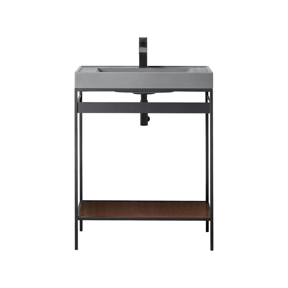 Como 27.6&apos; Sink Console, Matte Black, Mid Century Walnut w/Modern Grey Composite Top