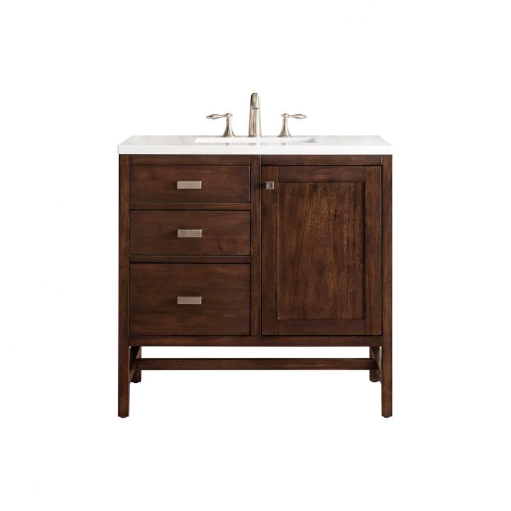 Addison 36&apos;&apos; Single Vanity Cabinet, Mid Century Acacia, w/ 3 CM Classic White Quartz Top