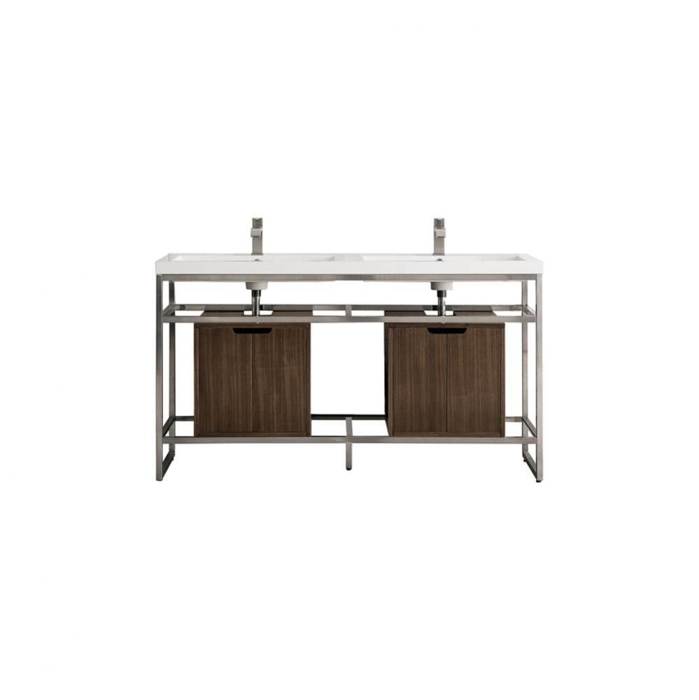 Boston 63&apos;&apos; Stainless Steel Sink Console (Double Basins), Brushed Nickel w/ Mid Century