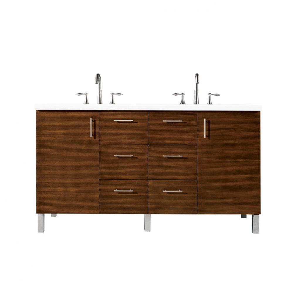 Metropolitan 60&apos;&apos; Double Vanity, American Walnut, w/ 3 CM Classic White Quartz Top