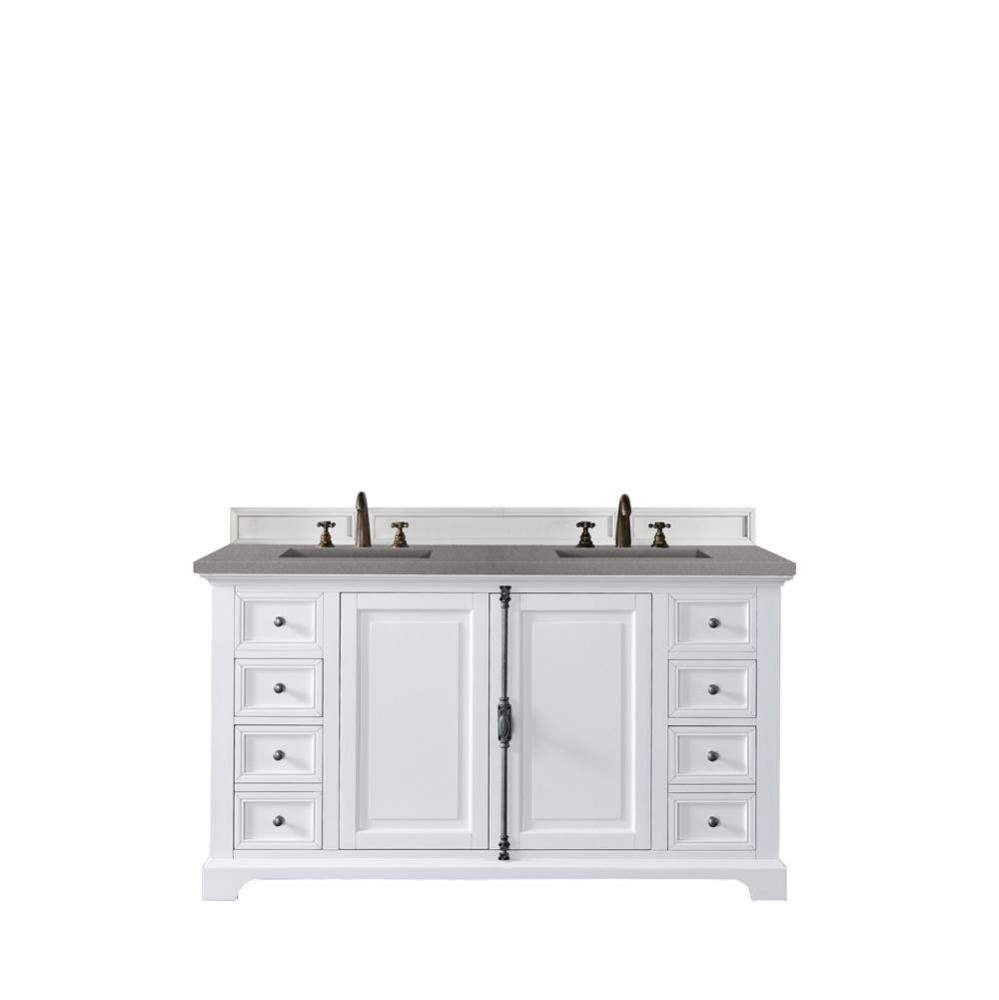 Providence 60&apos;&apos; Double Vanity Cabinet, Bright White, w/ 3 CM Grey Expo Quartz Top