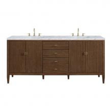 James Martin Vanities 485-V72-WLT-3CAR - Myrrin 72'' Double Vanity, Mid Century Walnut w/ 3 CM Carrara White Marble Top