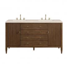 James Martin Vanities 485-V60D-WLT-3EMR - Myrrin 60'' Double Vanity, Mid Century Walnut w/ 3 CM Eternal Marfil Quartz Top