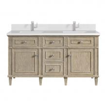 James Martin Vanities 424-V60D-WWO-1WZ - Lorelai 60'' Double Vanity, Whitewashed Oak w/ Single Hole 3 CM White Zeus Quartz Top &a