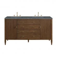 James Martin Vanities 485-V60D-WLT-3PBL - Myrrin 60'' Double Vanity, Mid Century Walnut w/ 3 CM Parisien Blue Quartz Top