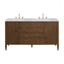 James Martin Vanities 485-V60D-WLT-3CAR - Myrrin 60'' Double Vanity, Mid Century Walnut w/ 3 CM Carrara White Marble Top