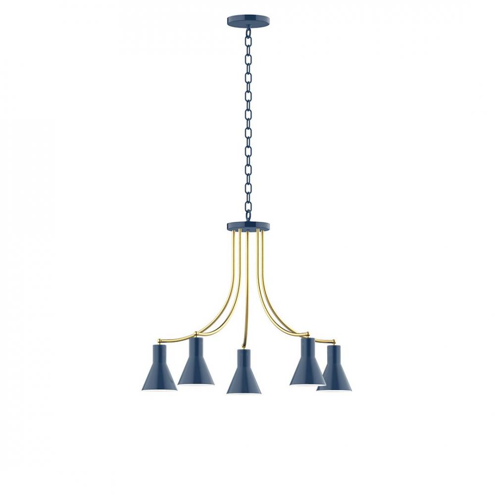 5-Light J-Series Chandelier, Navy with Brushed Brass Accents