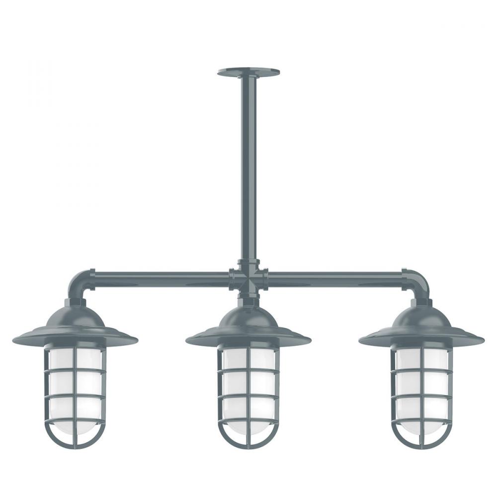 Vaportite, Style A shade, 3-light stem hung pendant with clear glass and cast guard, Slate Gray