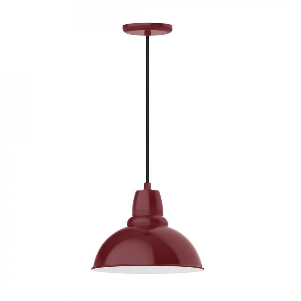 12&#34; Cafe shade, LED Pendant with black and white houndstooth fabric cord and canopy, Barn Red