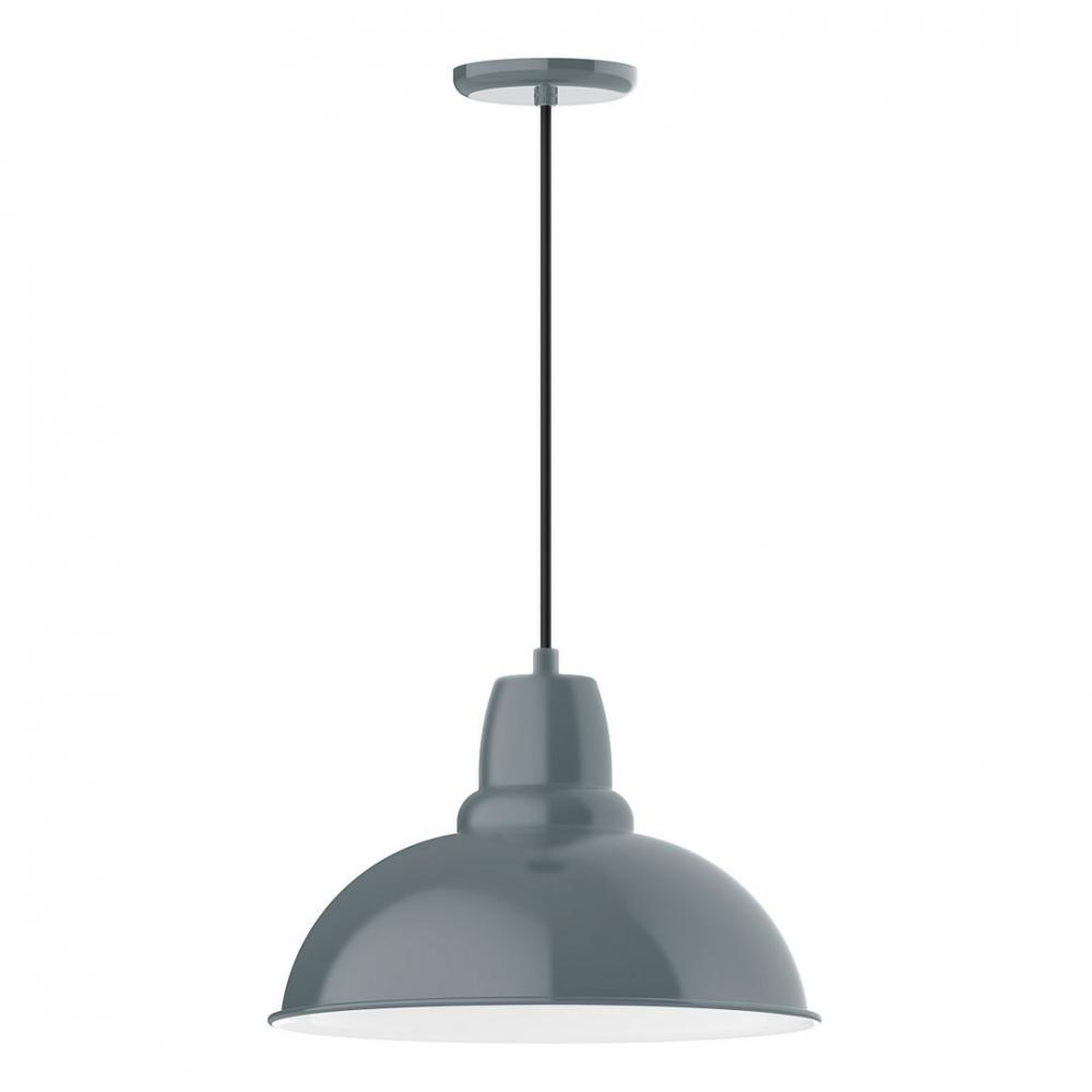 16&#34; Cafe shade, LED Pendant with polished copper fabric cord and canopy, Slate Gray