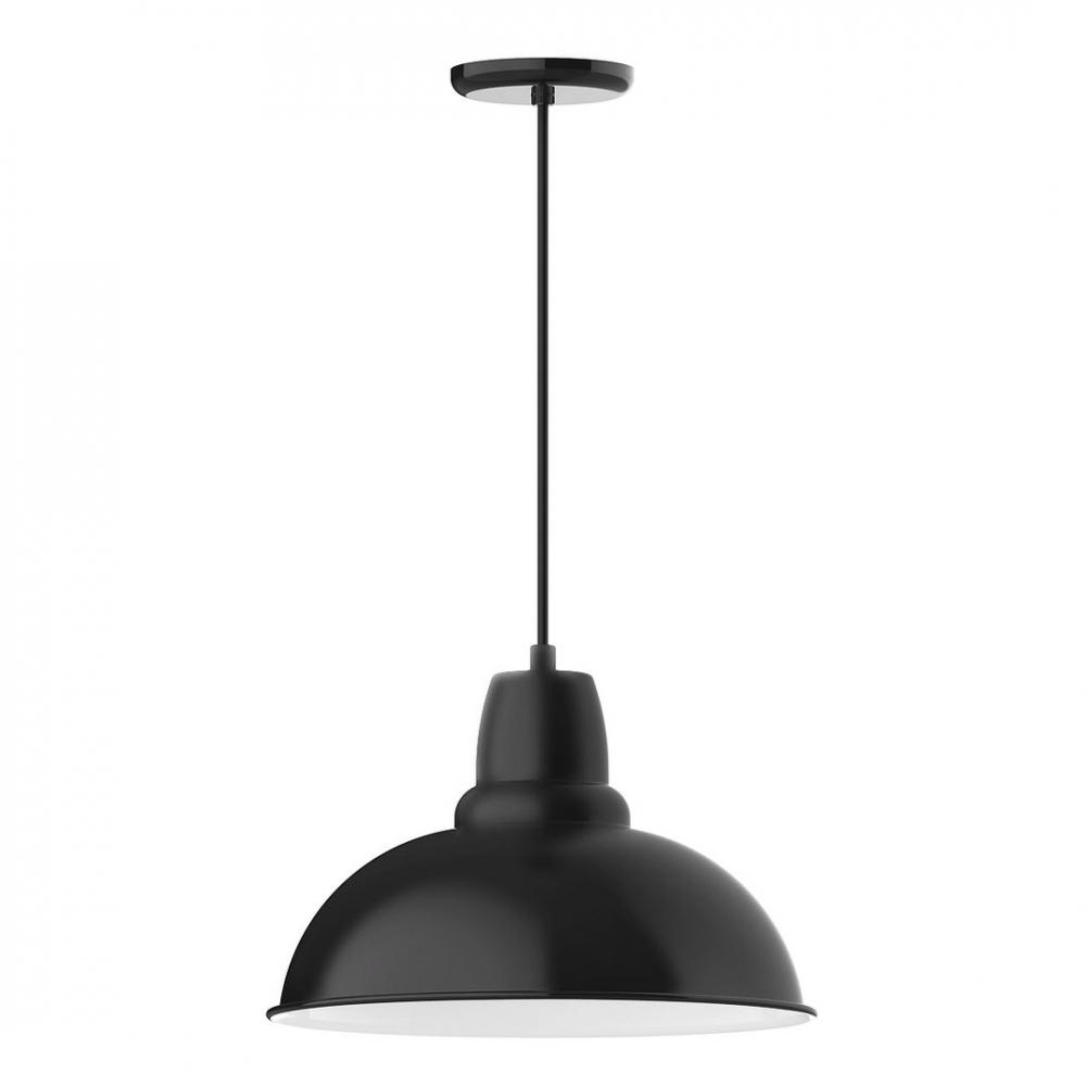 16&#34; Cafe shade, LED Pendant with black and white houndstooth fabric cord and canopy, Black