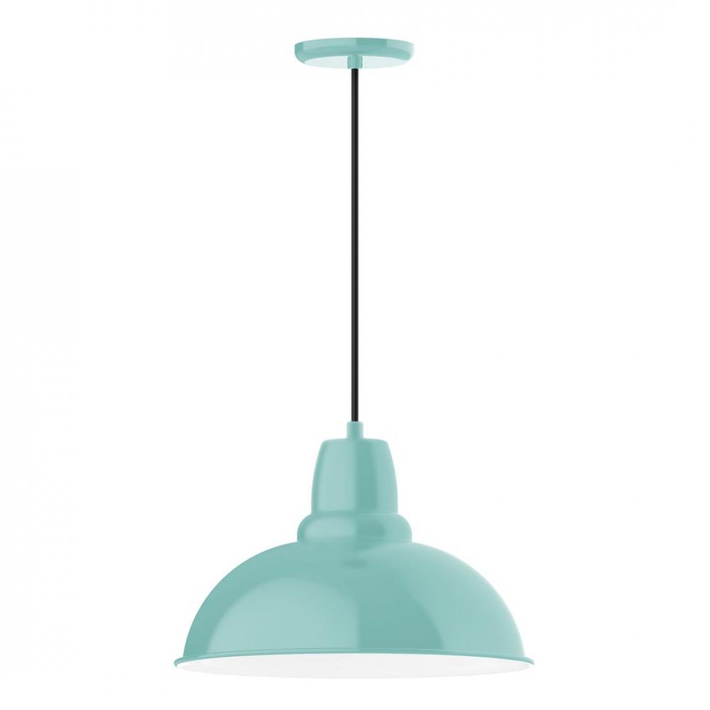 16&#34; Cafe shade, LED Pendant with navy mini tweed fabric cord and canopy, Sea Green