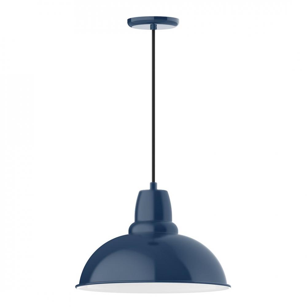 16&#34; Cafe shade, LED Pendant with gray solid fabric cord and canopy, Navy