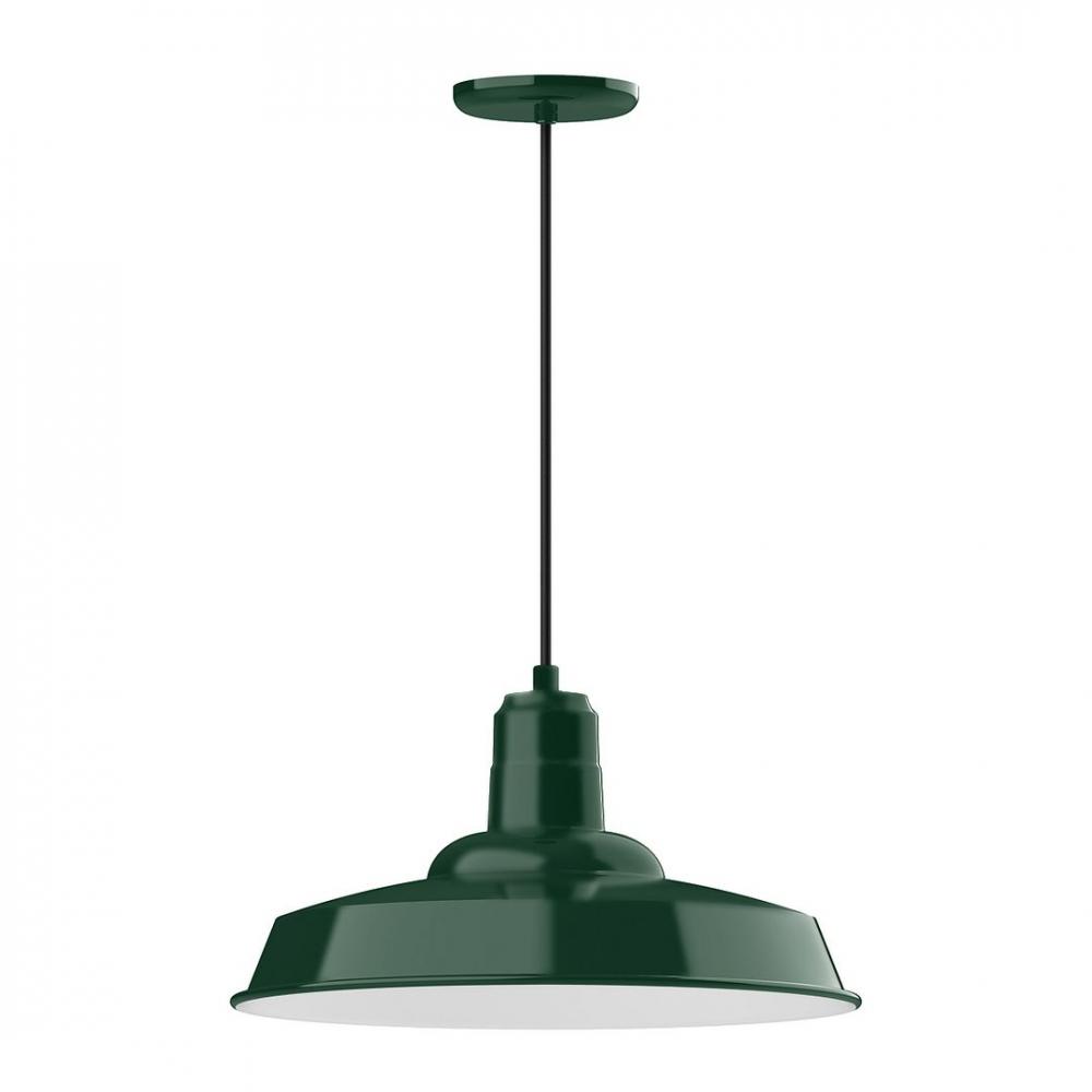 18&#34; Warehouse shade, LED Pendant with polished copper fabric cord and canopy, Forest Green