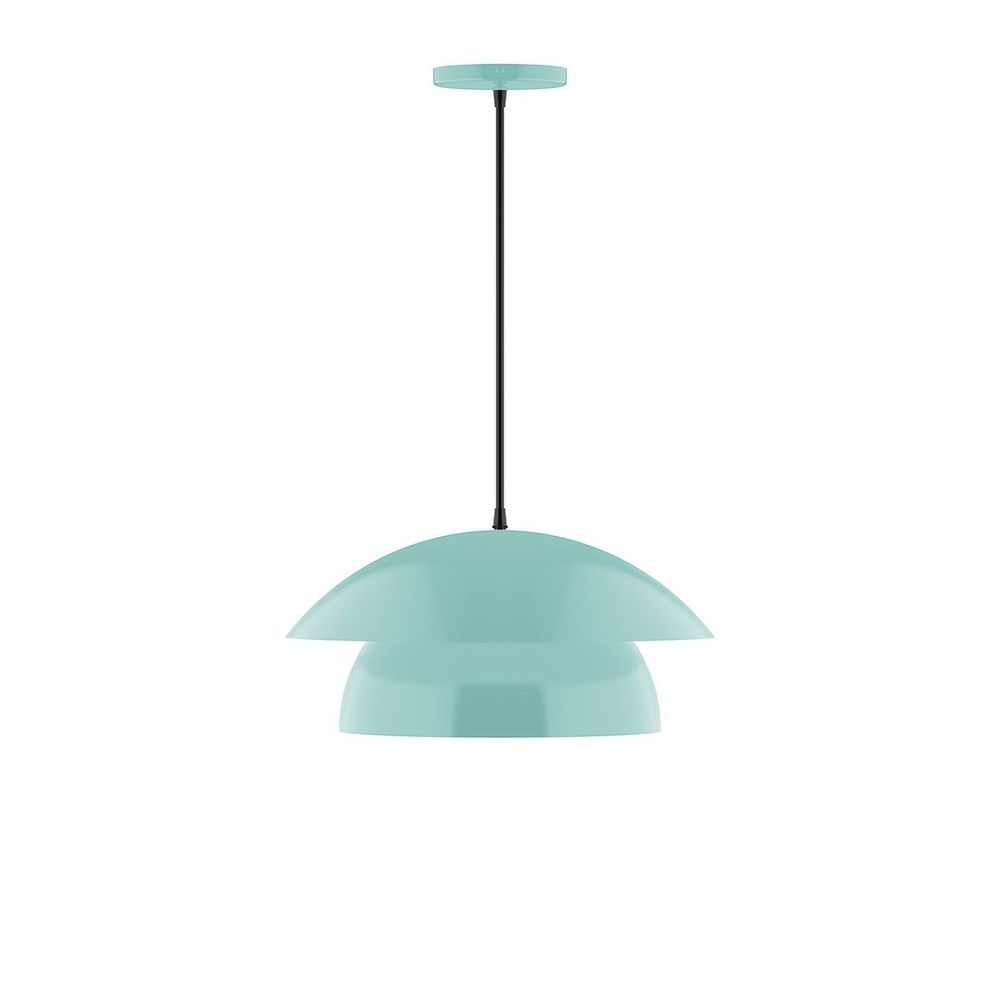 16&#34; Nest LED Pendant, white and gray dot fabric cord with canopy, Sea Green