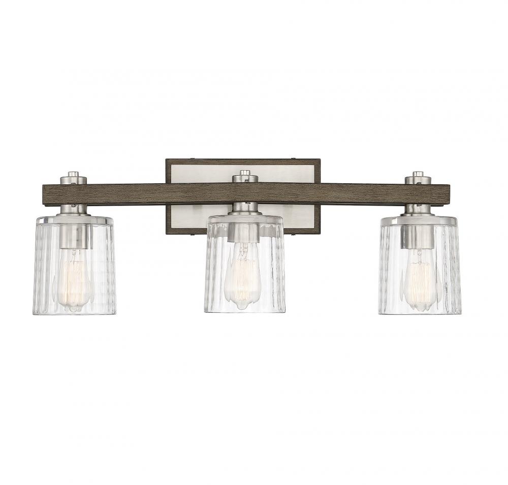 Halifax 3-Light Bathroom Vanity Light in Satin Nickel with Gray Wood