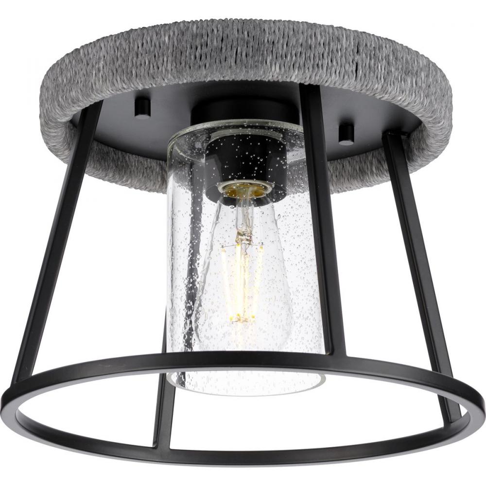 Laramie Collection One-Light Matte Black Rustic Modern Clear Seeded Glass 12&#34; Flush Mount Light