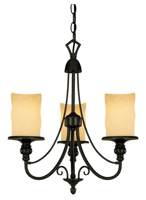 3 Light Chandelier Burnished Bronze Patina Finish Burnt Scavo Glass