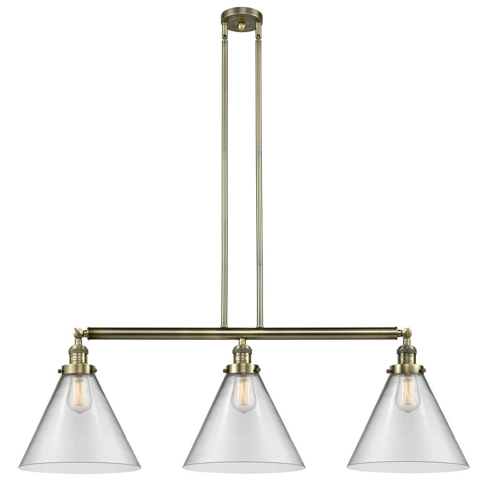 Cone - 3 Light - 44 inch - Antique Brass - Stem Hung - Adjustable Island Light