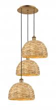  113B-3P-BB-RBD-12-NAT - Woven Rattan - 3 Light - 19 inch - Brushed Brass - Cord hung - Multi Pendant