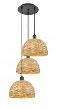  113B-3P-BK-RBD-12-NAT - Woven Rattan - 3 Light - 19 inch - Matte Black - Cord hung - Multi Pendant