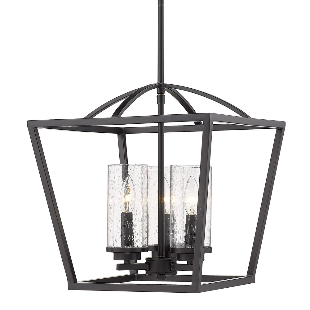 Mercer 3 Light Pendant in Matte Black with Matte Black accents and Seeded Glass