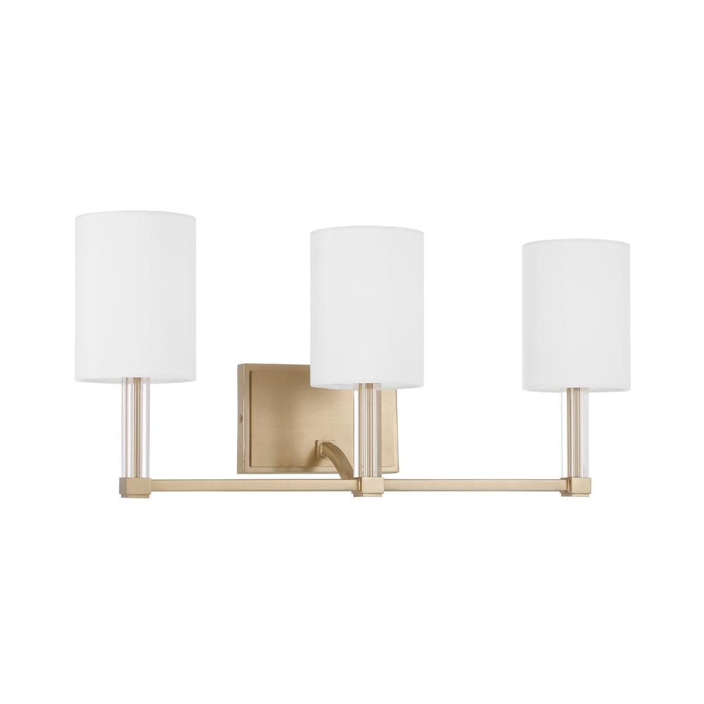 3-Light Vanity in Matte Brass with Clear Acrylic Accents and Cylindrical White Fabric Shades