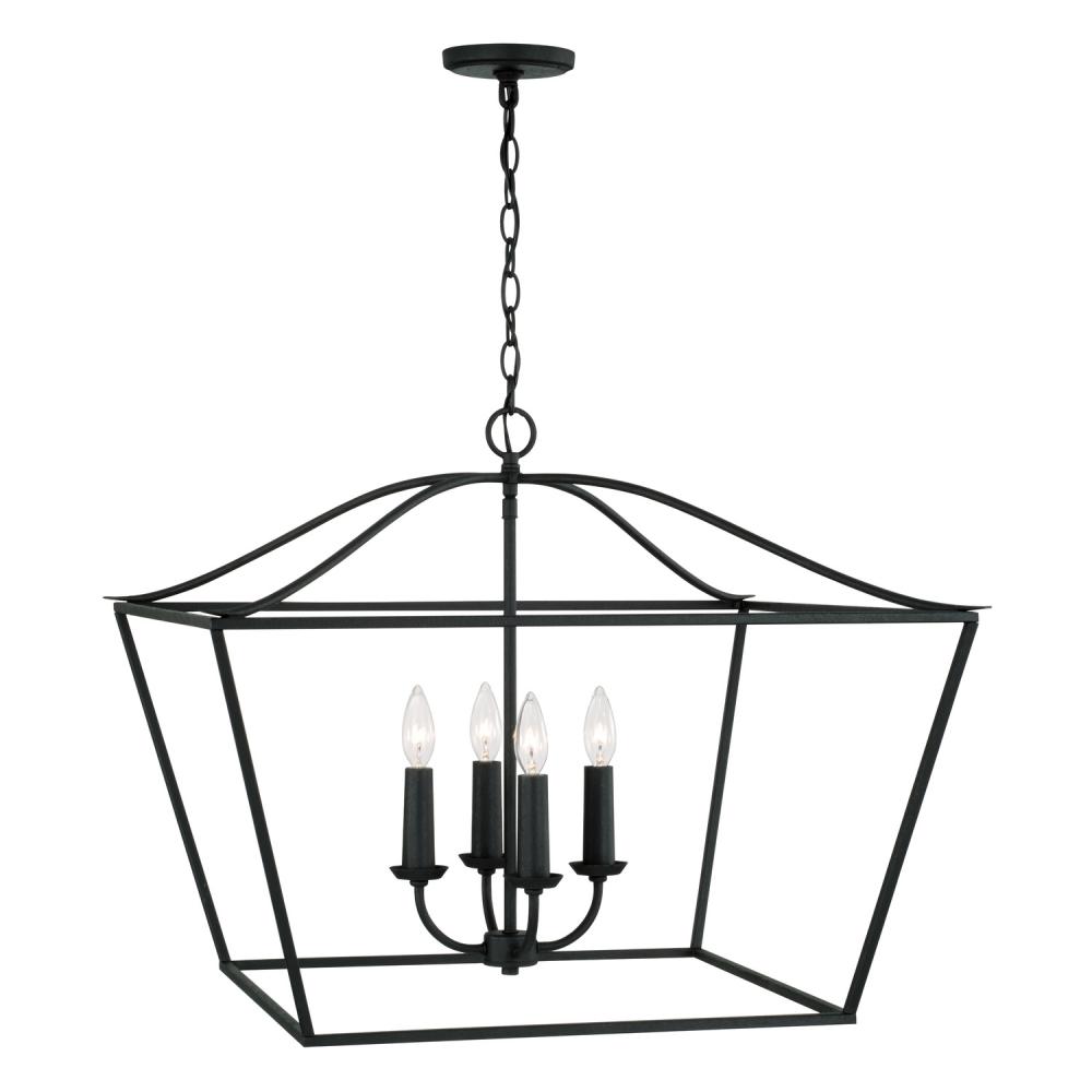 4-Light Foyer Pendant Lantern in Black Iron