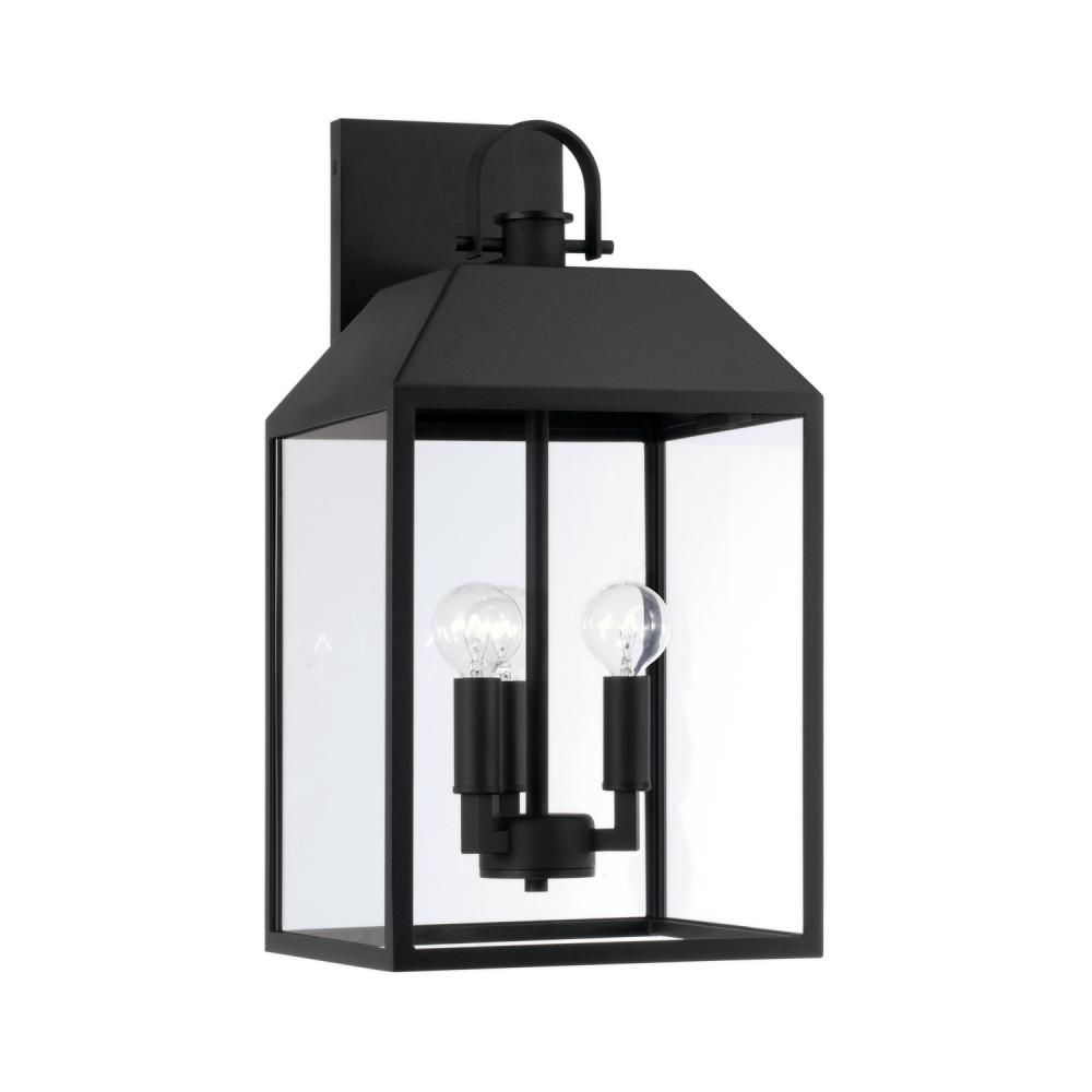 3-Light Outdoor Square Rectangle Wall Lantern in Black with Clear Glass