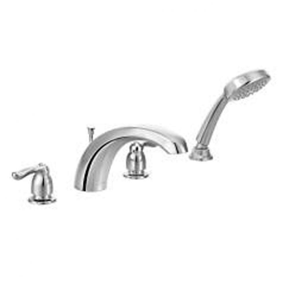 Chrome two-handle roman tub faucet includes hand shower