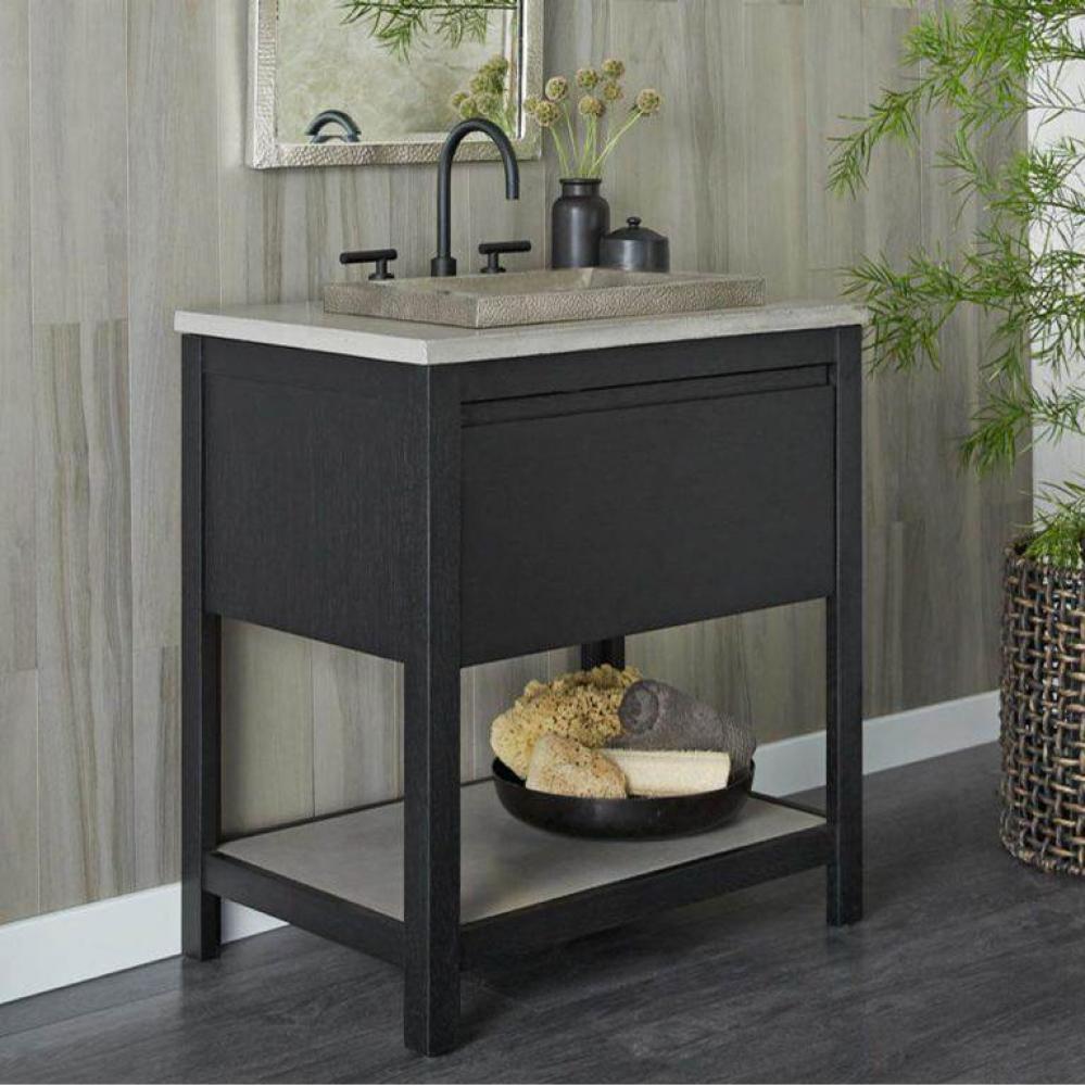 30&apos;&apos; Solace Vanity Base in Midnight Oak with Palomar Vanity Top and Sink, Ash