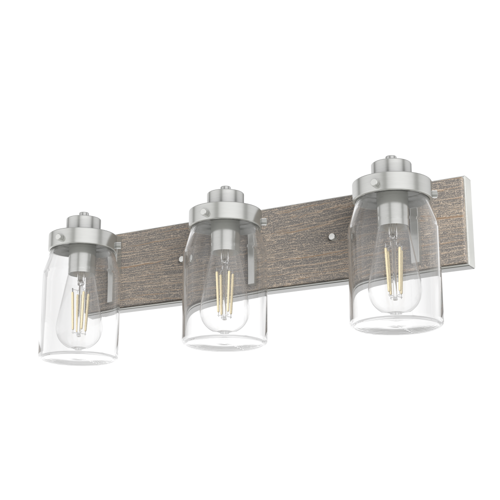 Hunter Devon Park Brushed Nickel and Grey Wood with Clear Glass 3 Light Bathroom Vanity Wall Light