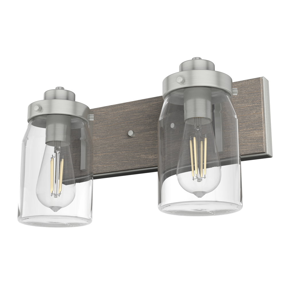 Hunter Devon Park Brushed Nickel and Grey Wood with Clear Glass 2 Light Bathroom Vanity Wall Light