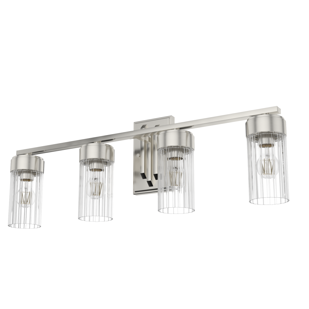 Hunter Gatz Brushed Nickel with Clear Fluted Glass 4 Light Bathroom Vanity Wall Light Fixture