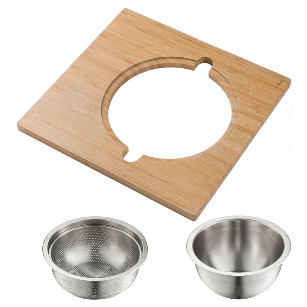 Workstation Kitchen Sink Serving Board Set with Stainless Steel Mixing Bowl and Colander