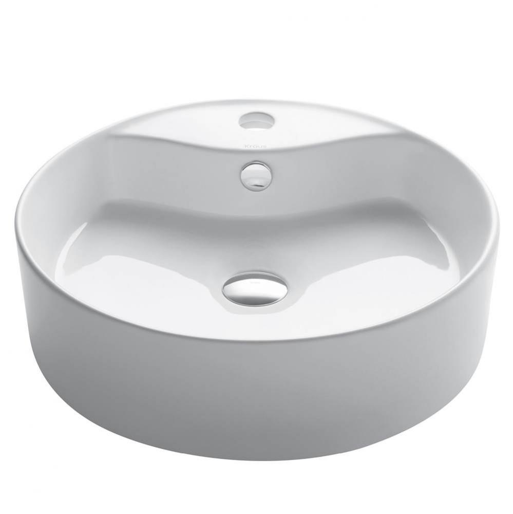 KRAUS Elavo Round Vessel White Porcelain Ceramic Bathroom Sink with Overflow, 18 inch