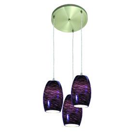 Three Light Brushed Steel Purple Swirl Glass Multi Light Pendant