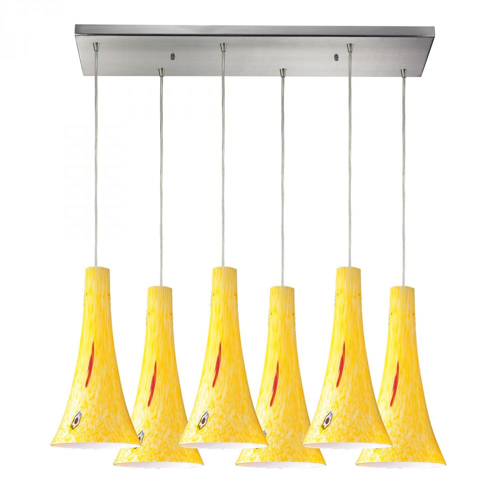 Tromba 6 Light Pendant In Satin Nickel And Yello